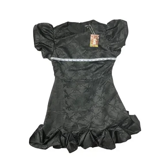 Sister Jane Black Jacquard Puff Sleeve Mini Dress M - Picture 6 of 8